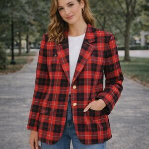 Pendleton SZ 14P VTG 100% Virgin Wool Red & Black Tartan Plaid Blazer